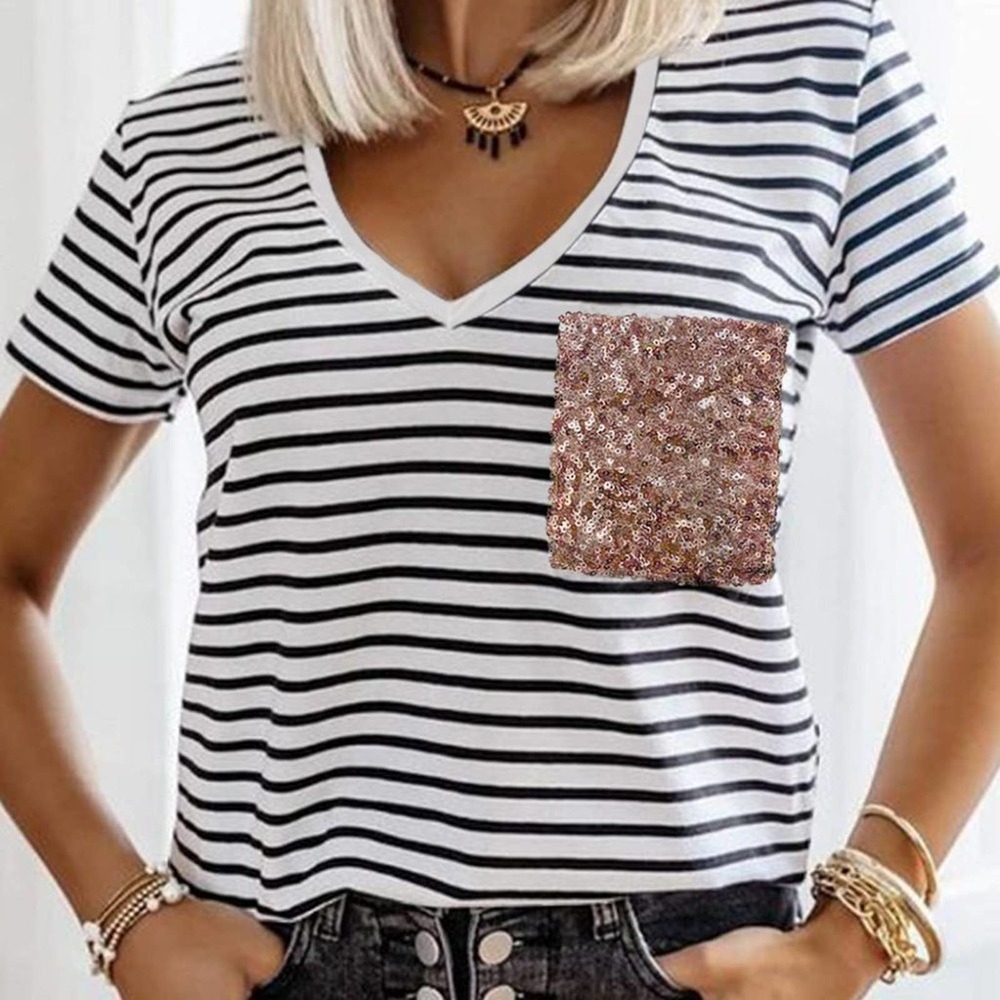 BLACK WHITE CHIC STRIPED TEE SEXY NECKLINE SEQUINED POCKET SIZE XL